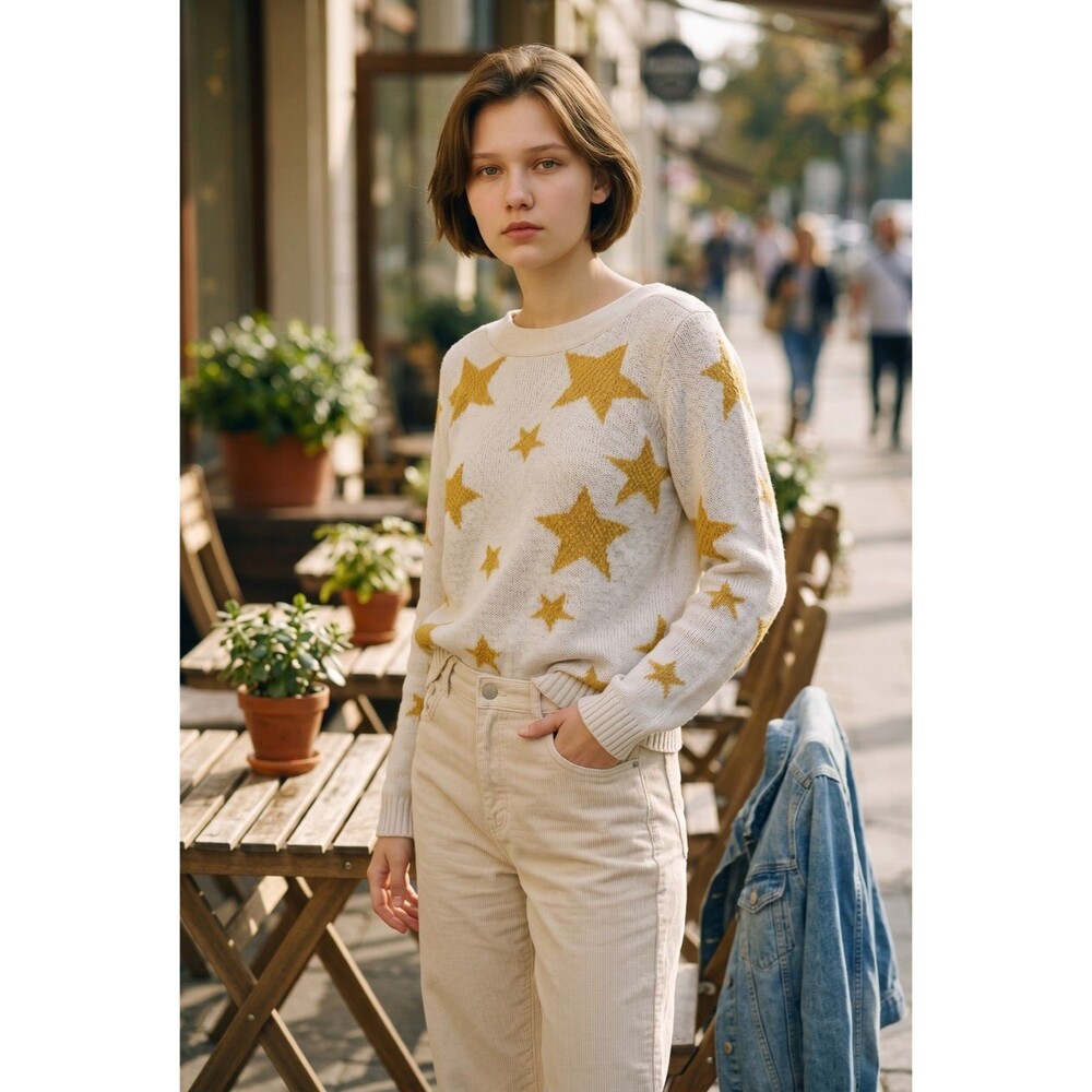 Marled Reunited Clothing Cream & Gold Star Knit Pullover Sweater